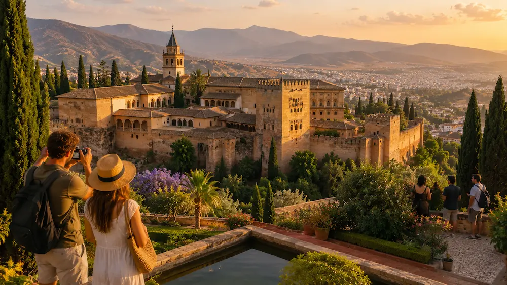 Paisaje internacional al atardecer durante una experiencia de turismo mundial